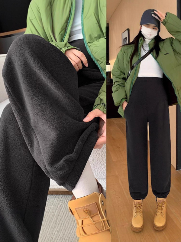 Pantaloni de maternitate de iarnă cu susținere abdominală, fleece polar gros, poliester 90-95%, elasticitate înaltă, croială lejeră