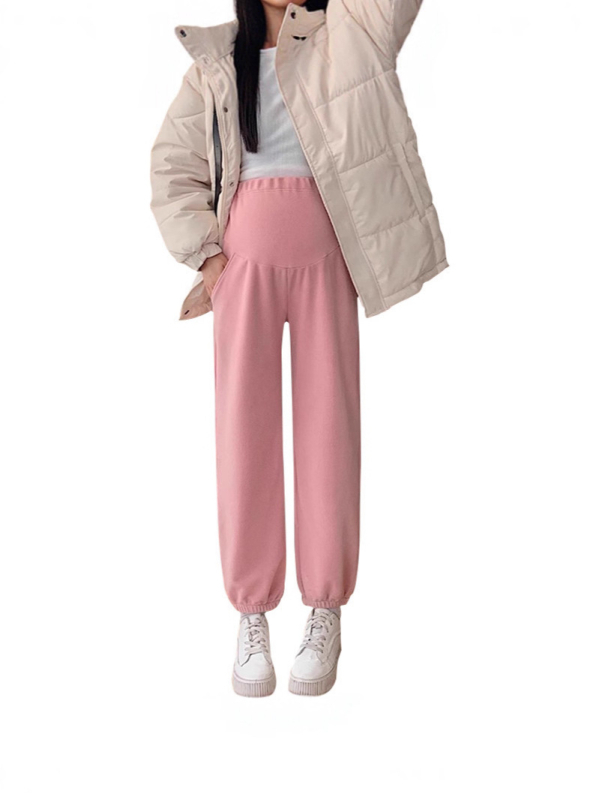 Pantaloni de maternitate de iarnă cu susținere abdominală, fleece polar gros, poliester 90-95%, elasticitate înaltă, croială lejeră