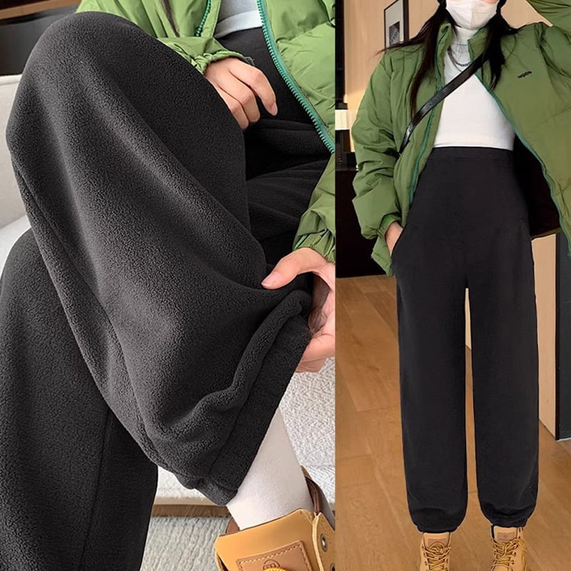 Pantaloni de maternitate de iarnă cu susținere abdominală, fleece polar gros, poliester 90-95%, elasticitate înaltă, croială lejeră