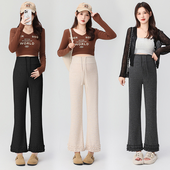 Pantaloni de maternitate cu talie înaltă, călduroși cu căptușeală fleece interioară, din amestec bumbac-poliester cu 50–70% elastan, lungime 9/10, croială lejeră