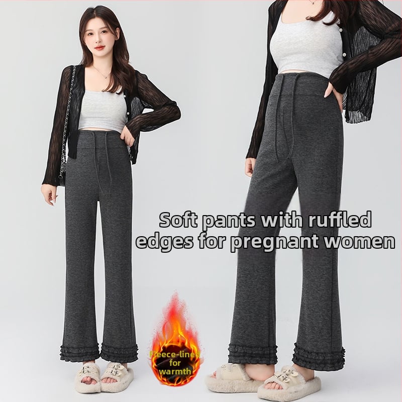 Pantaloni de maternitate cu talie înaltă, călduroși cu căptușeală fleece interioară, din amestec bumbac-poliester cu 50–70% elastan, lungime 9/10, croială lejeră