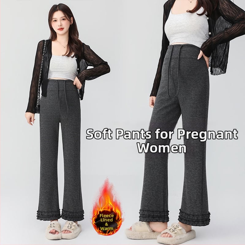 Pantaloni de maternitate cu talie înaltă, călduroși cu căptușeală fleece interioară, din amestec bumbac-poliester cu 50–70% elastan, lungime 9/10, croială lejeră