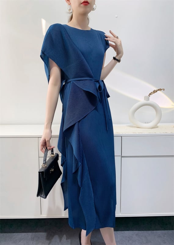 Pliszézett midi ruha, kerek nyak, rövid ujjú, A-vonalú szabás, poliészter, laza derékvonal, casual japán-koreai szabadidős stílus