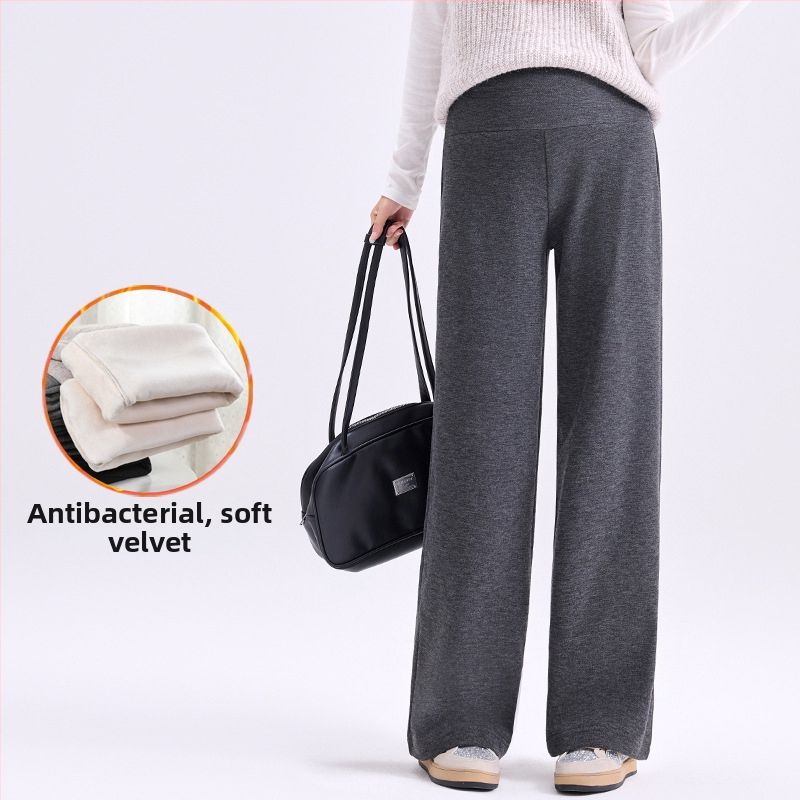 Pantaloni de maternitate cu croială largă și susținere pentru burtă, căptuțiți cu fleece gros pentru iarnă, croială lejeră, înaltă elasticitate, amestec poliester-viscoză