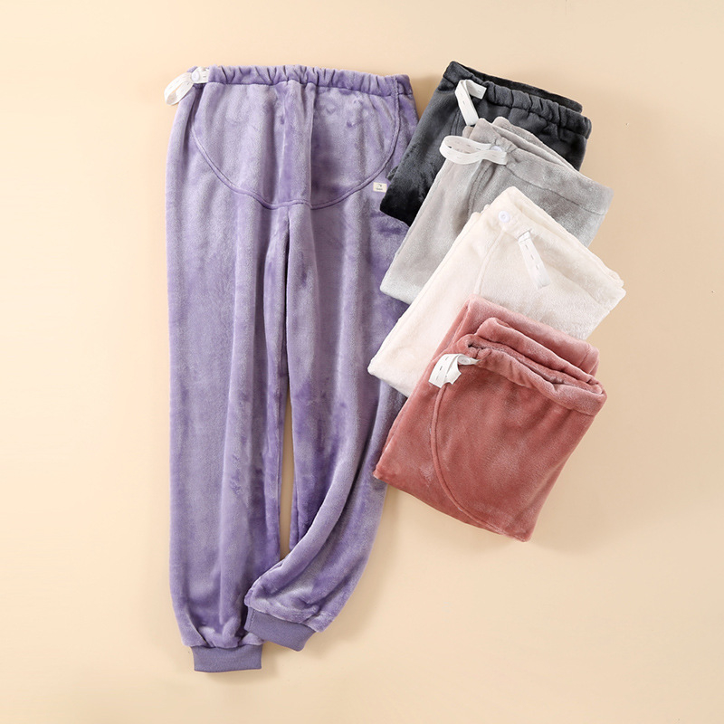 Pantaloni de maternitate pentru dormit, din coral fleece, cu susținere reglabilă a burții, extra groși, croială lejeră, pentru toamnă–iarnă, 95% poliester