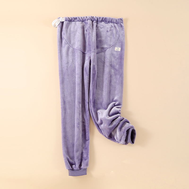 Pantaloni de maternitate pentru dormit, din coral fleece, cu susținere reglabilă a burții, extra groși, croială lejeră, pentru toamnă–iarnă, 95% poliester
