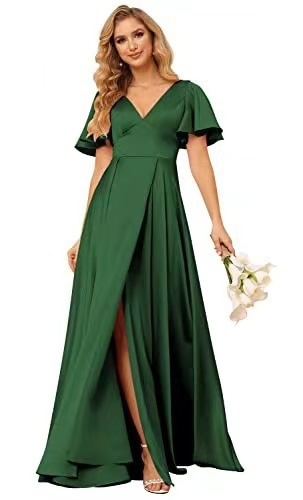 Poliészter-szatin esté ruha mély V-nyakkal, oldalsó hasítékkal, magas derekú A-vonalú fazon, 3/4-es ujjú