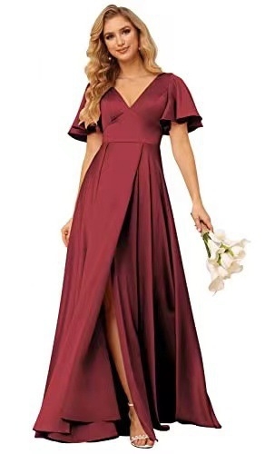 Poliészter-szatin esté ruha mély V-nyakkal, oldalsó hasítékkal, magas derekú A-vonalú fazon, 3/4-es ujjú