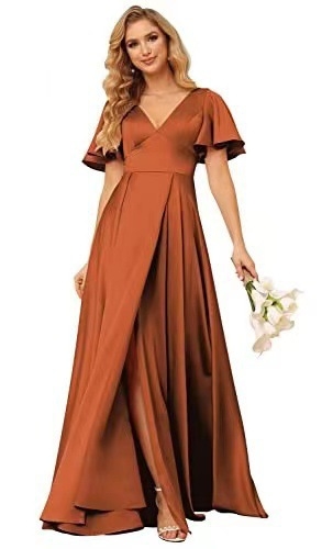 Poliészter-szatin esté ruha mély V-nyakkal, oldalsó hasítékkal, magas derekú A-vonalú fazon, 3/4-es ujjú