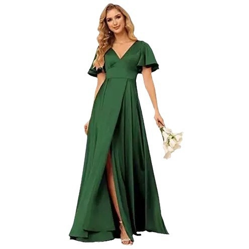 Poliészter-szatin esté ruha mély V-nyakkal, oldalsó hasítékkal, magas derekú A-vonalú fazon, 3/4-es ujjú