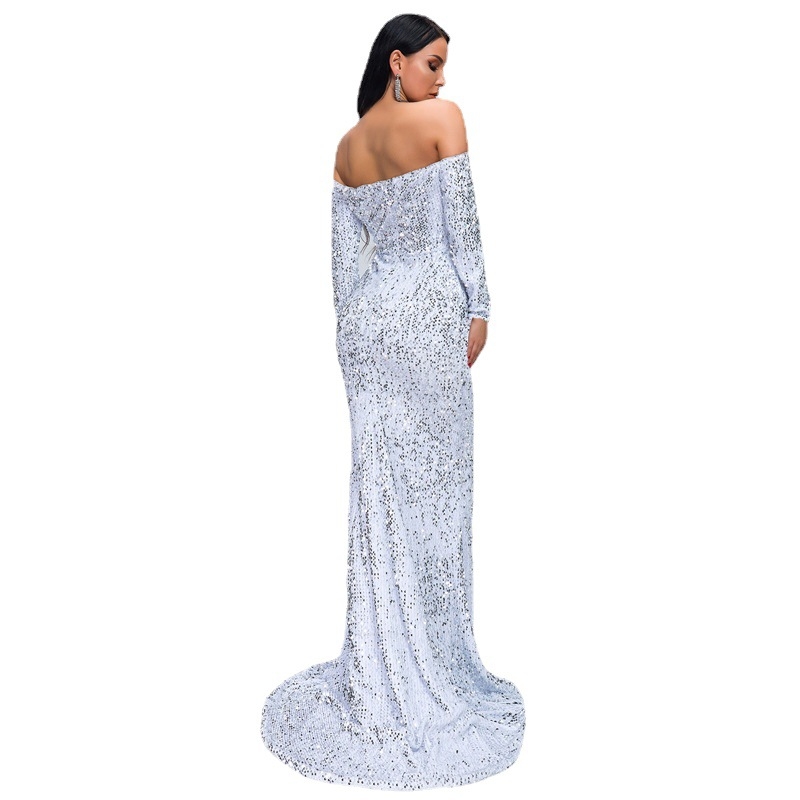 Večernja haljina s dugim rukavima, bez naramenica, našivani strass detalji, corduroy tkanina s elastanom, stil omotavanja oko prsa, duga suknja