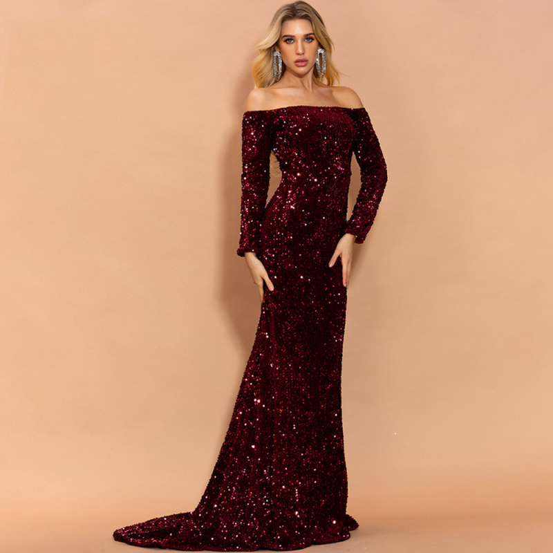 Večernja haljina s dugim rukavima, bez naramenica, našivani strass detalji, corduroy tkanina s elastanom, stil omotavanja oko prsa, duga suknja