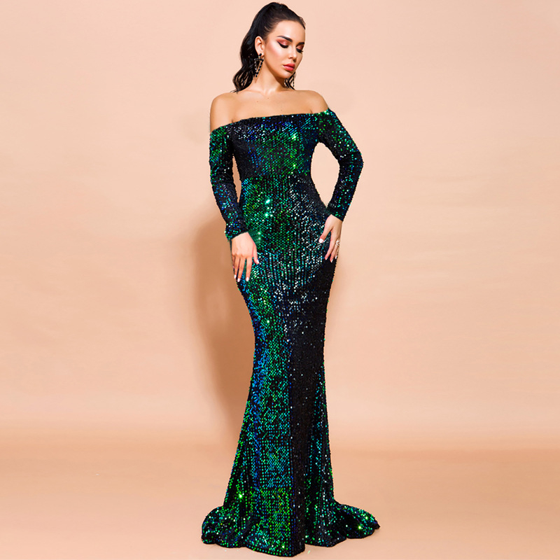 Večernja haljina s dugim rukavima, bez naramenica, našivani strass detalji, corduroy tkanina s elastanom, stil omotavanja oko prsa, duga suknja