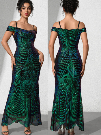 Elegáns hosszú flitteres ruha fishtail szabással, ujjatlan, poliészter keverék