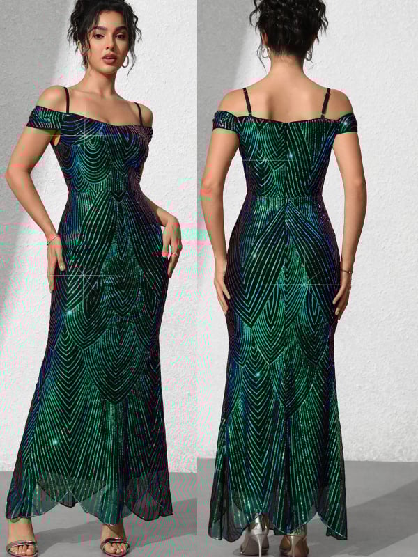 Elegáns hosszú flitteres ruha fishtail szabással, ujjatlan, poliészter keverék