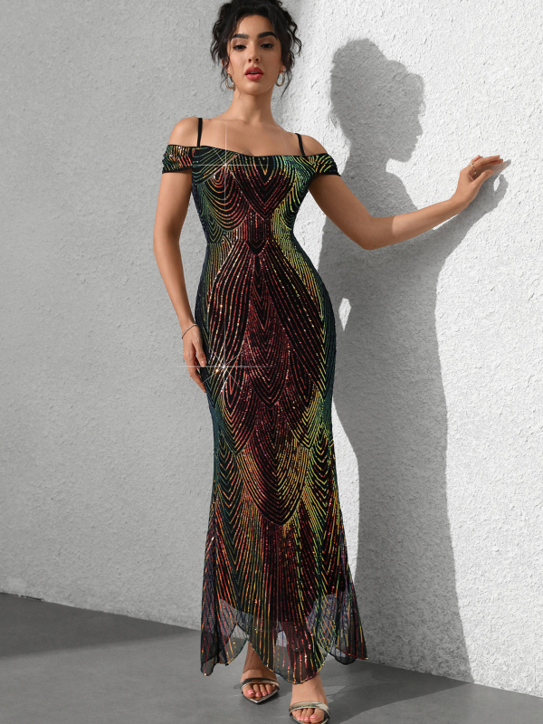 Elegáns hosszú flitteres ruha fishtail szabással, ujjatlan, poliészter keverék