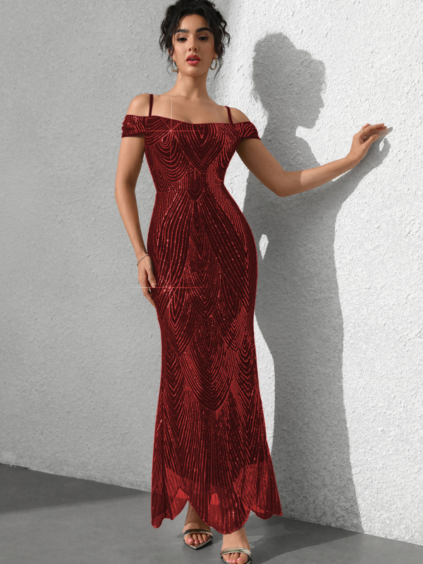 Elegáns hosszú flitteres ruha fishtail szabással, ujjatlan, poliészter keverék