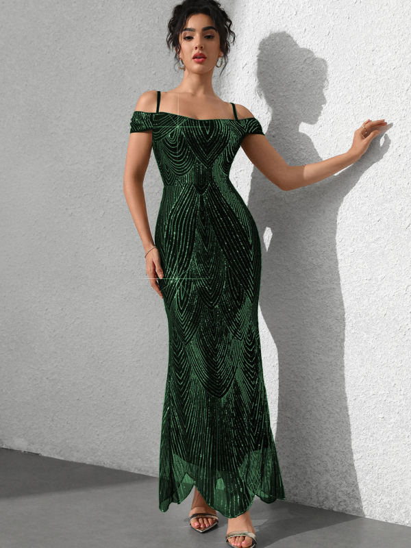 Elegáns hosszú flitteres ruha fishtail szabással, ujjatlan, poliészter keverék