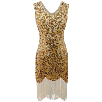 Poliestera vakara kleita 1920. gada Gatsby stilā ar spīdumiem un fringēm, dziļš V-dekolts, bez piedurknēm, paredzēta skatuvei