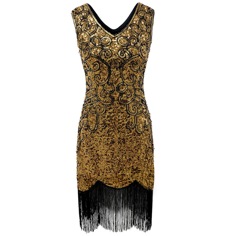 Poliestera vakara kleita 1920. gada Gatsby stilā ar spīdumiem un fringēm, dziļš V-dekolts, bez piedurknēm, paredzēta skatuvei