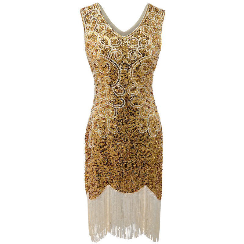 Poliestera vakara kleita 1920. gada Gatsby stilā ar spīdumiem un fringēm, dziļš V-dekolts, bez piedurknēm, paredzēta skatuvei
