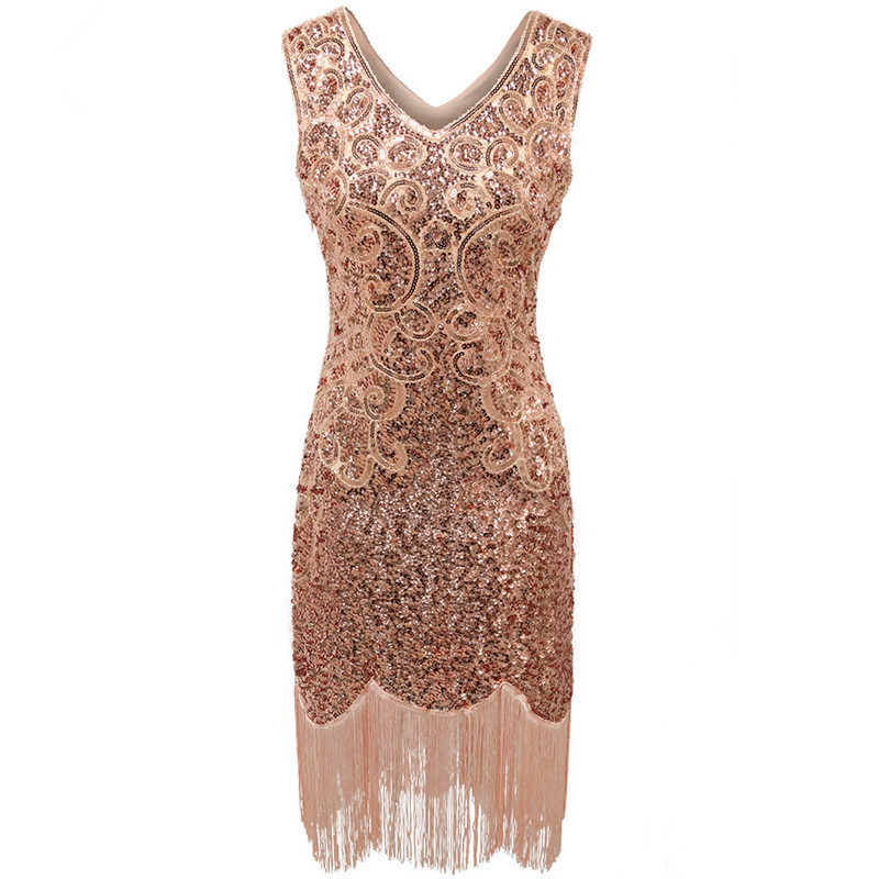 Poliestera vakara kleita 1920. gada Gatsby stilā ar spīdumiem un fringēm, dziļš V-dekolts, bez piedurknēm, paredzēta skatuvei