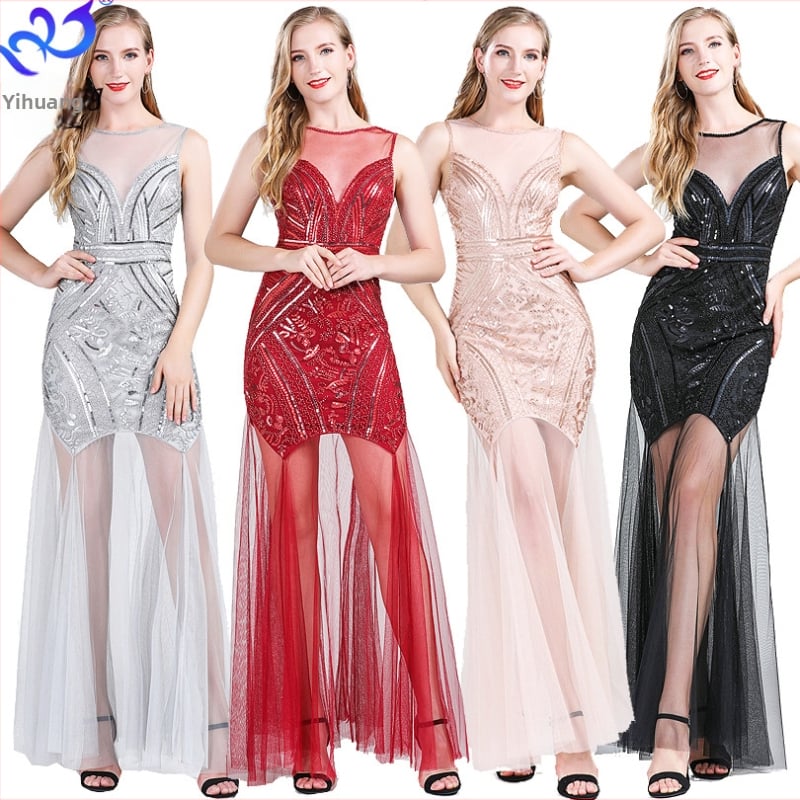 Kleita ar pailletes izšuvumu, A-līnijas siluets, bez piedurknēm, gara kleita, materiāls poliesters-spandekss