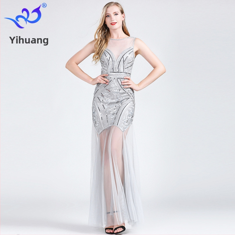 Kleita ar pailletes izšuvumu, A-līnijas siluets, bez piedurknēm, gara kleita, materiāls poliesters-spandekss