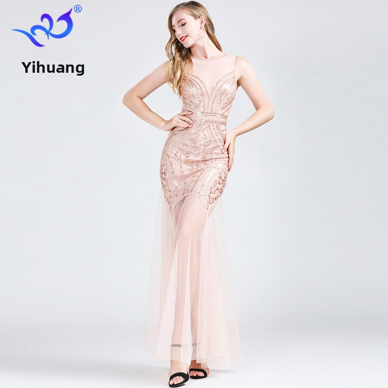 Kleita ar pailletes izšuvumu, A-līnijas siluets, bez piedurknēm, gara kleita, materiāls poliesters-spandekss