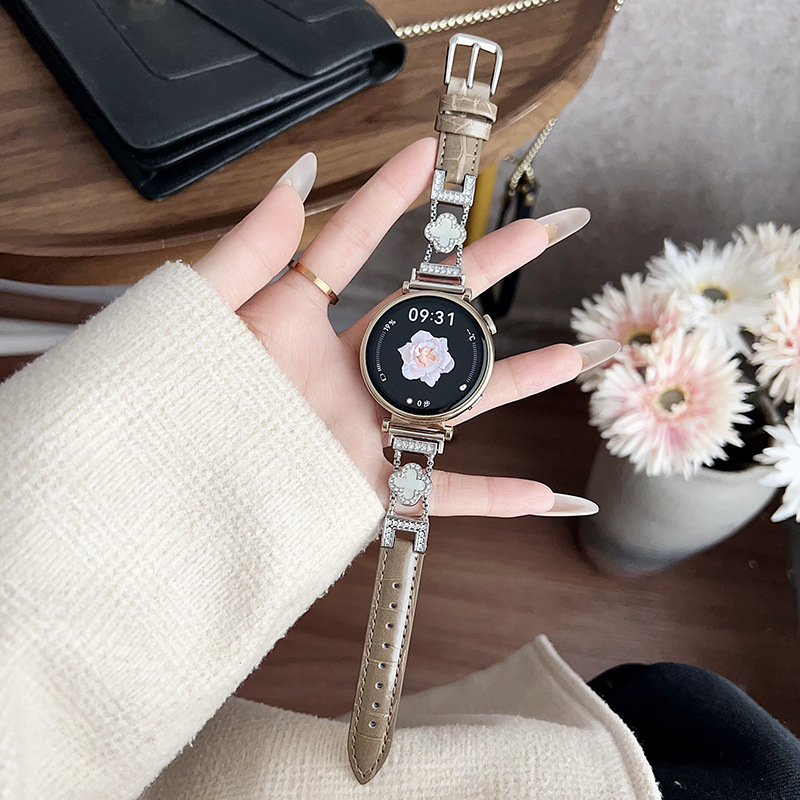 Brățară de ceas – piele naturală, model patru frunze cu textură crocodil, compatibilă cu Huawei Watch GT4/GT5, stil versatil