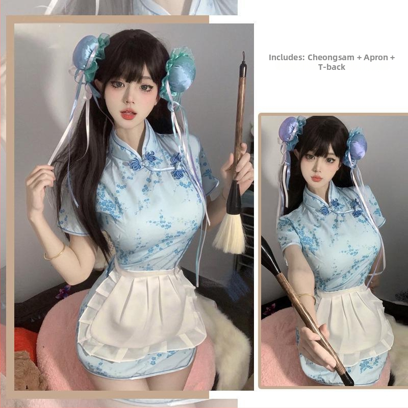Hímzett cheongsam jelmez szerepjátékhoz — poliészter, fő anyag 95–100%, inspiráció: szolgálólány és szakács