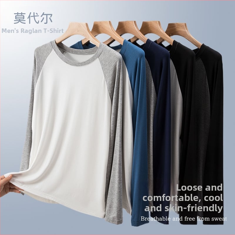 Modal vīriešu Raglāna T-krekls, brīva piegriezums, garas piedurknes, apaļa kakla forma, viegls, vienkrāsains