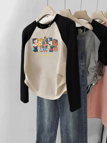 Ženska majica Raglan s dugim rukavima – uski kroj, pamuk-elastan smjesa, geometrijski uzorak, zaobljeni izrez, korejski casual stil
