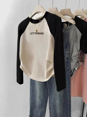 Ženska majica Raglan s dugim rukavima – uski kroj, pamuk-elastan smjesa, geometrijski uzorak, zaobljeni izrez, korejski casual stil