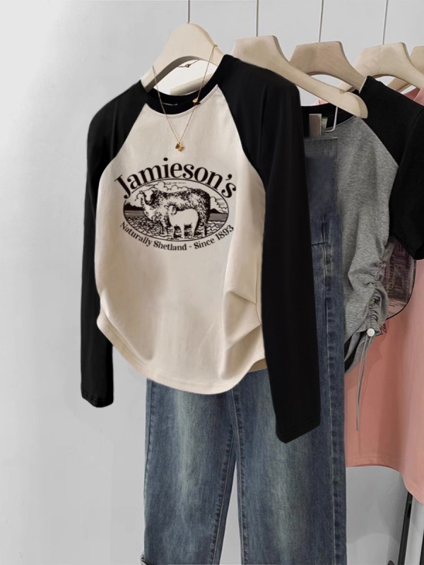 Ženska majica Raglan s dugim rukavima – uski kroj, pamuk-elastan smjesa, geometrijski uzorak, zaobljeni izrez, korejski casual stil
