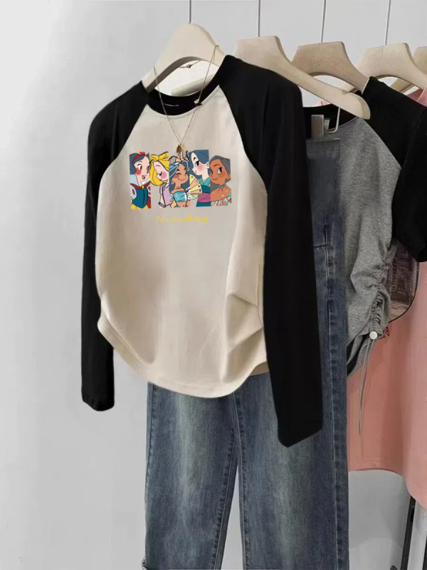 Ženska majica Raglan s dugim rukavima – uski kroj, pamuk-elastan smjesa, geometrijski uzorak, zaobljeni izrez, korejski casual stil