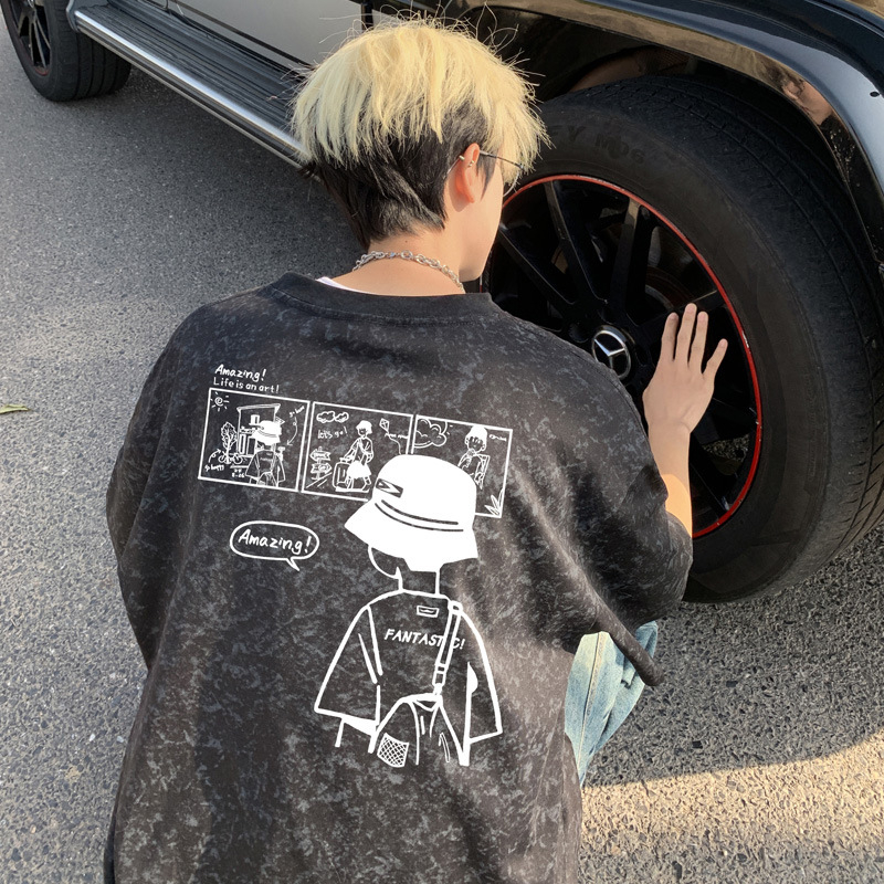 Vīriešu kokvilnas T-krekls ar burtiem drukā, vaļīgs piegriezums, apaļš kakls, īsās piedurknes