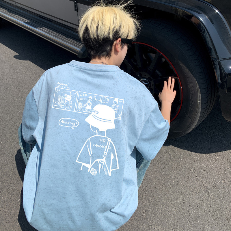 Vīriešu kokvilnas T-krekls ar burtiem drukā, vaļīgs piegriezums, apaļš kakls, īsās piedurknes