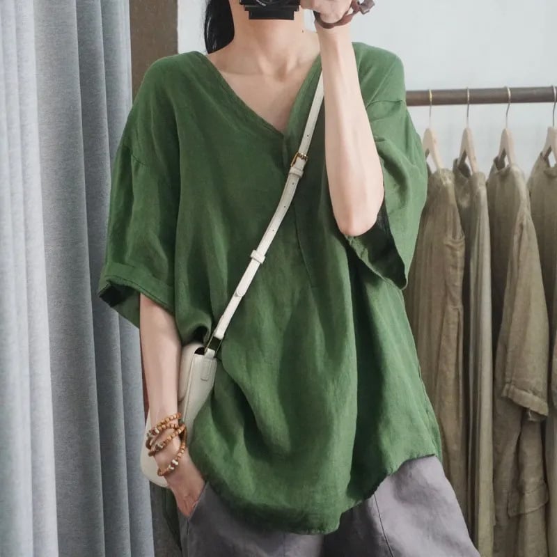 T-majica s V-izrezom, 3/4 rukava, patchwork od pamuka i lana, casual stil, ljeto 2025