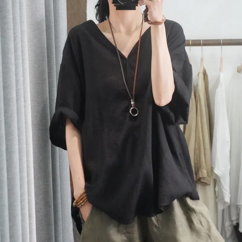 T-majica s V-izrezom, 3/4 rukava, patchwork od pamuka i lana, casual stil, ljeto 2025