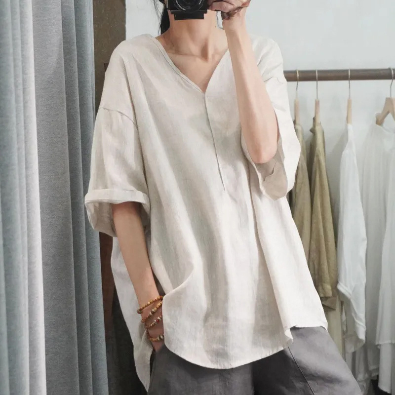 T-majica s V-izrezom, 3/4 rukava, patchwork od pamuka i lana, casual stil, ljeto 2025