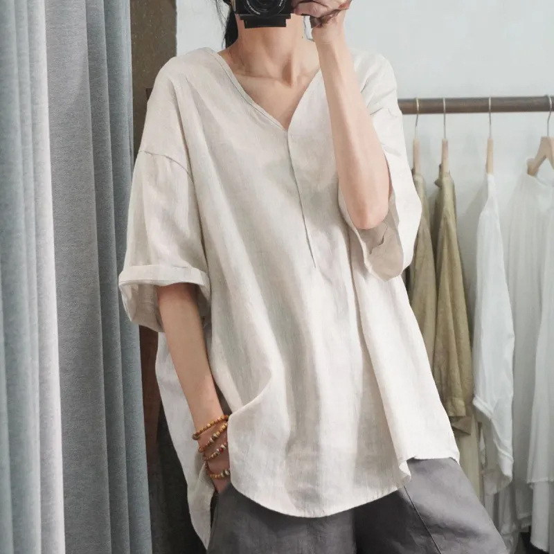 T-majica s V-izrezom, 3/4 rukava, patchwork od pamuka i lana, casual stil, ljeto 2025