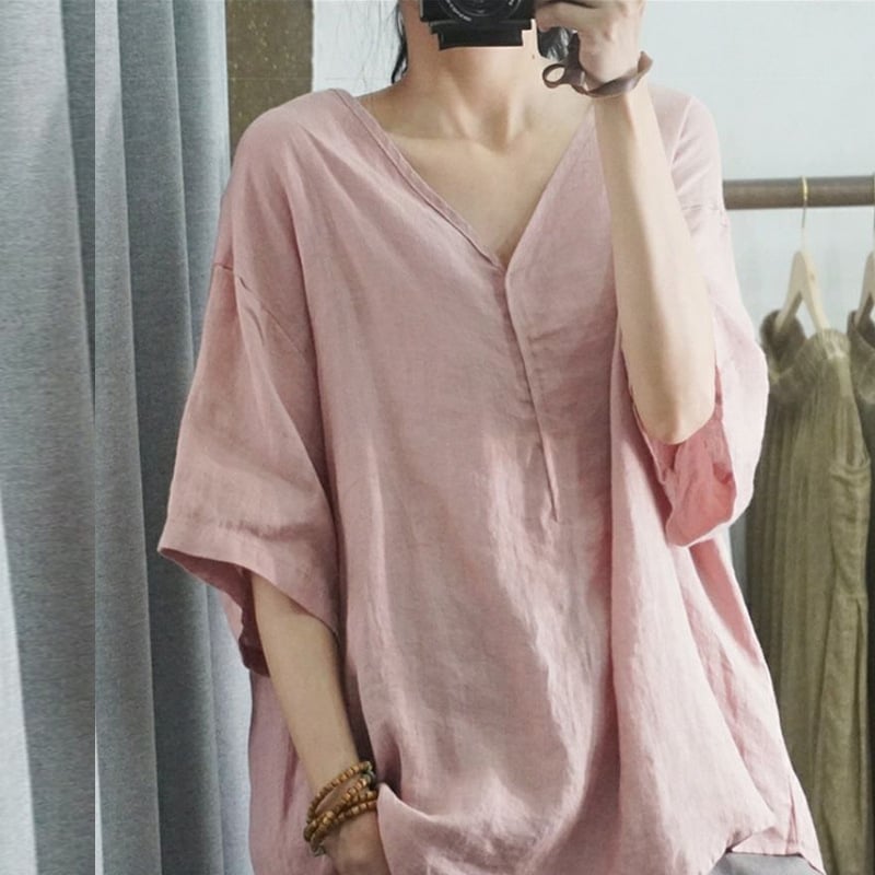 T-majica s V-izrezom, 3/4 rukava, patchwork od pamuka i lana, casual stil, ljeto 2025