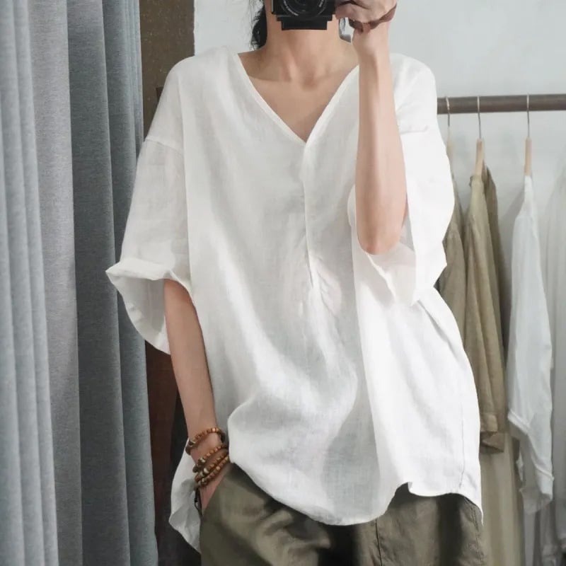 T-majica s V-izrezom, 3/4 rukava, patchwork od pamuka i lana, casual stil, ljeto 2025