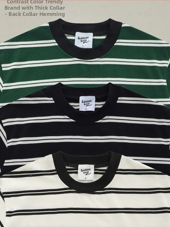 T-krekliņš ar īsām piedurknēm, japāņu vintage stils, svītras, crewneck apkakle, brīvs piegriezums, 260 g smags kokvilnas audums