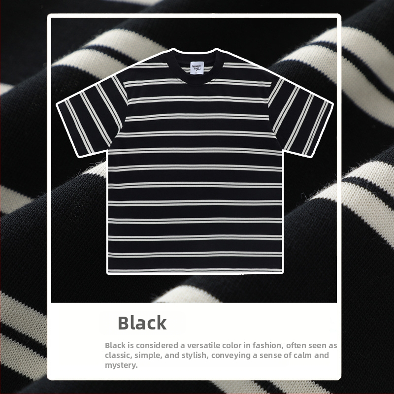 T-krekliņš ar īsām piedurknēm, japāņu vintage stils, svītras, crewneck apkakle, brīvs piegriezums, 260 g smags kokvilnas audums