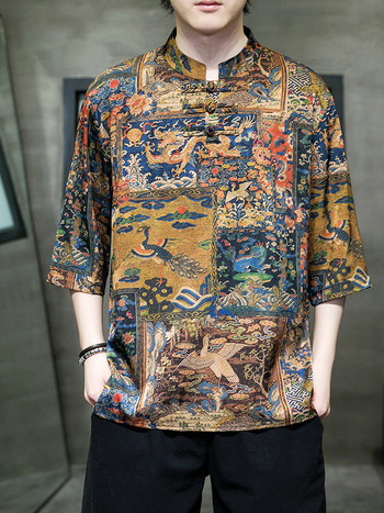 Etno stila vīriešu T-krekls ar pūķa un mākoņu apdruku, stāvošs apkakle, brīvs piegriezums, 3/4 piedurknes, plāns poliester, vasara