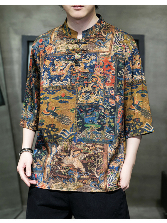 Etno stila vīriešu T-krekls ar pūķa un mākoņu apdruku, stāvošs apkakle, brīvs piegriezums, 3/4 piedurknes, plāns poliester, vasara