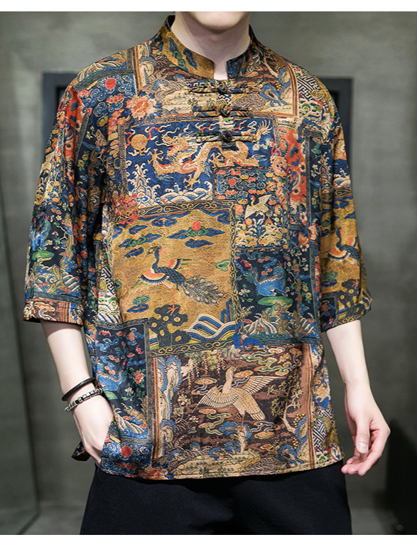 Etno stila vīriešu T-krekls ar pūķa un mākoņu apdruku, stāvošs apkakle, brīvs piegriezums, 3/4 piedurknes, plāns poliester, vasara