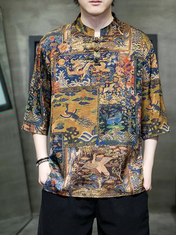 Etno stila vīriešu T-krekls ar pūķa un mākoņu apdruku, stāvošs apkakle, brīvs piegriezums, 3/4 piedurknes, plāns poliester, vasara